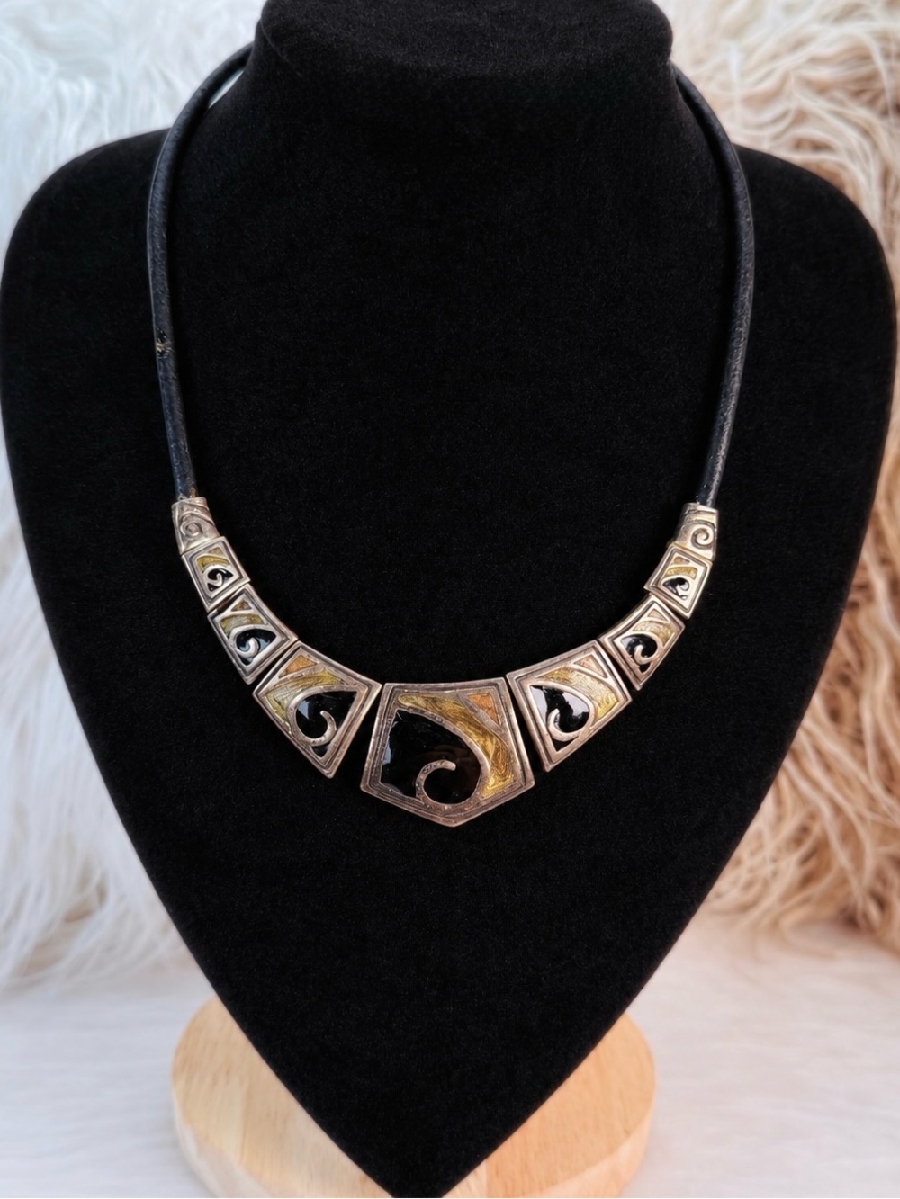 Vintage Chico's Mixed Metal Enamel Cord Statement Necklace Adjustable
